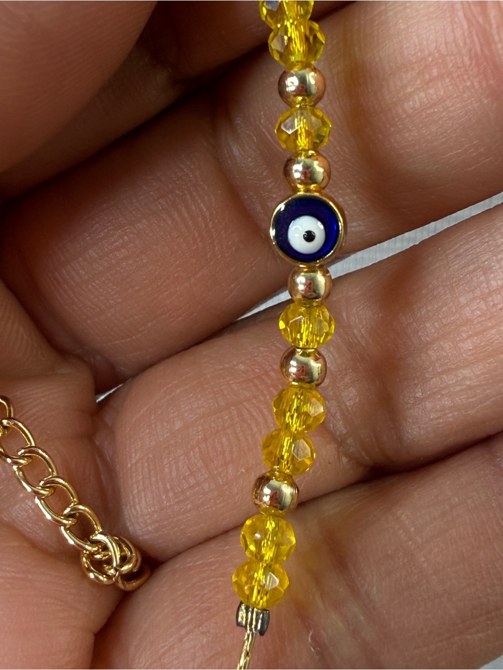 Yellow Faceted Crystal Beads Girl Bracelet with Blue Devil Eye Charm - NWOT